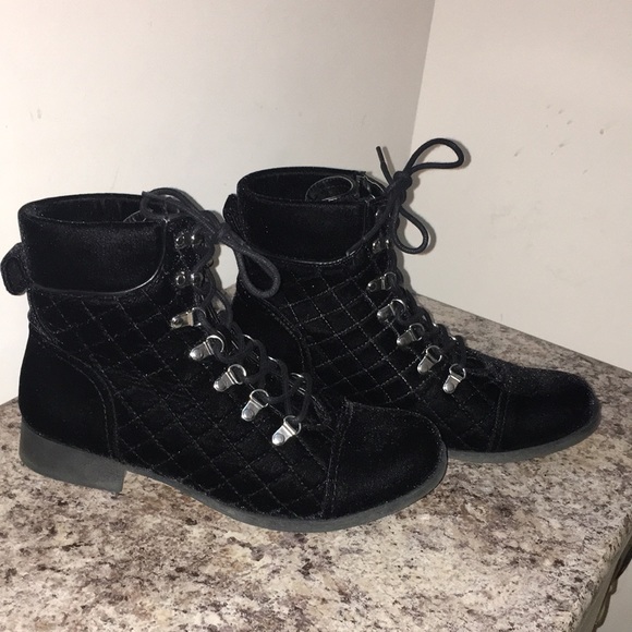 G by Guess Black Velvet Quilted Combat Boots - Picture 1 of 11